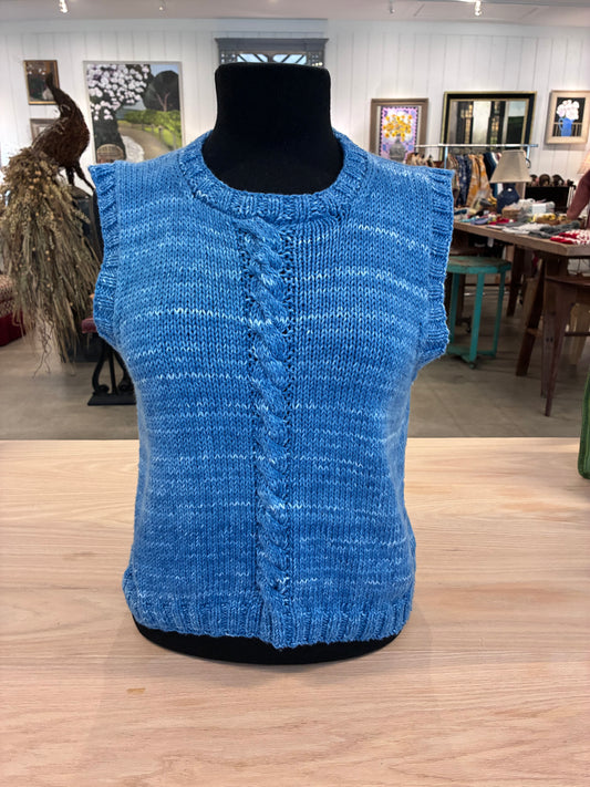 Steel Blue Hand Knit Crew Neck Cotton Vest - Blue Possum Hill