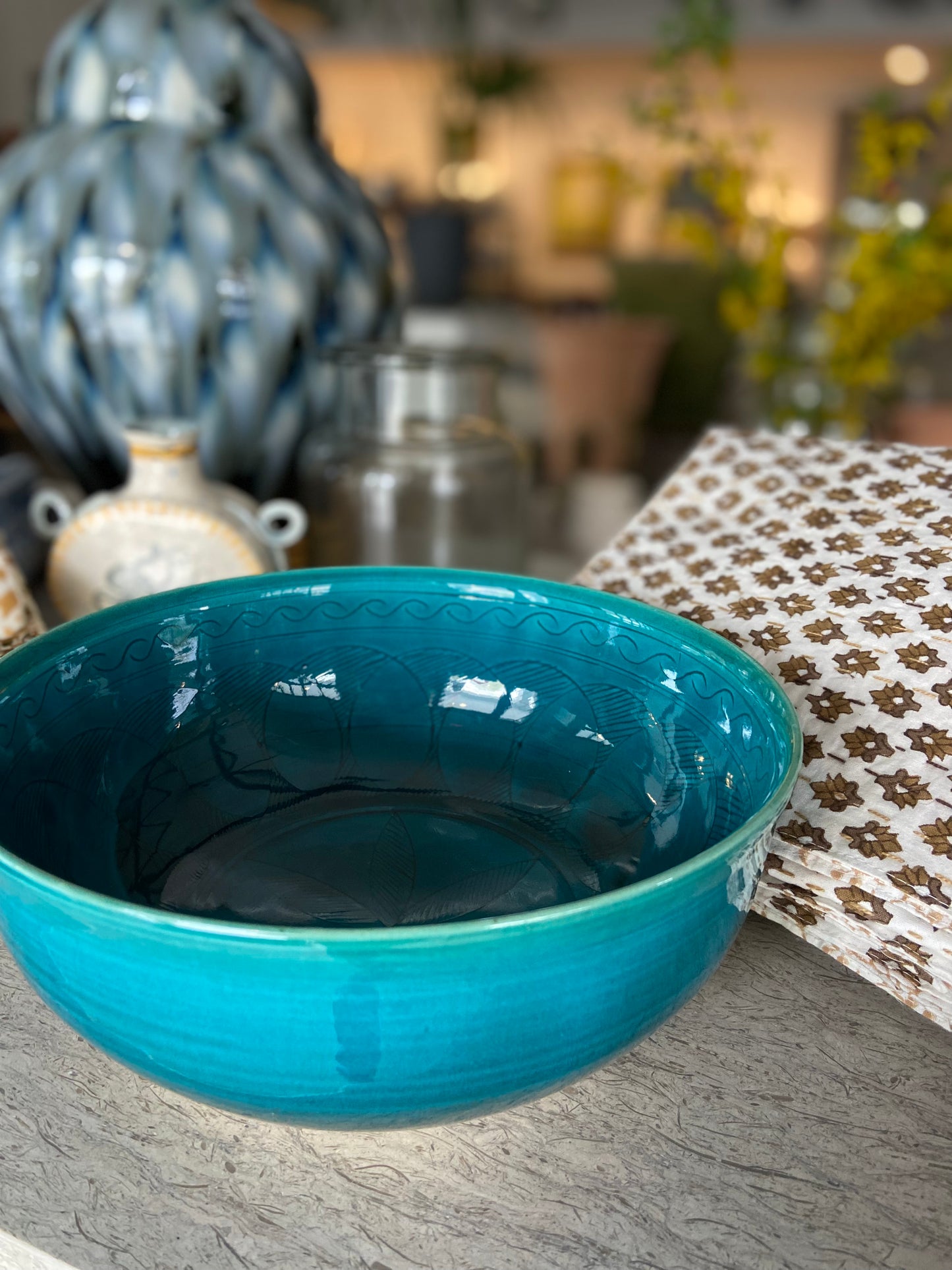 9" Etched Turquoise Ceramic Bowl