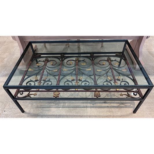 Dim Gray Glass-Topped Coffee Table with 18th C. Communion Rail Under Tier Joseph Stannard