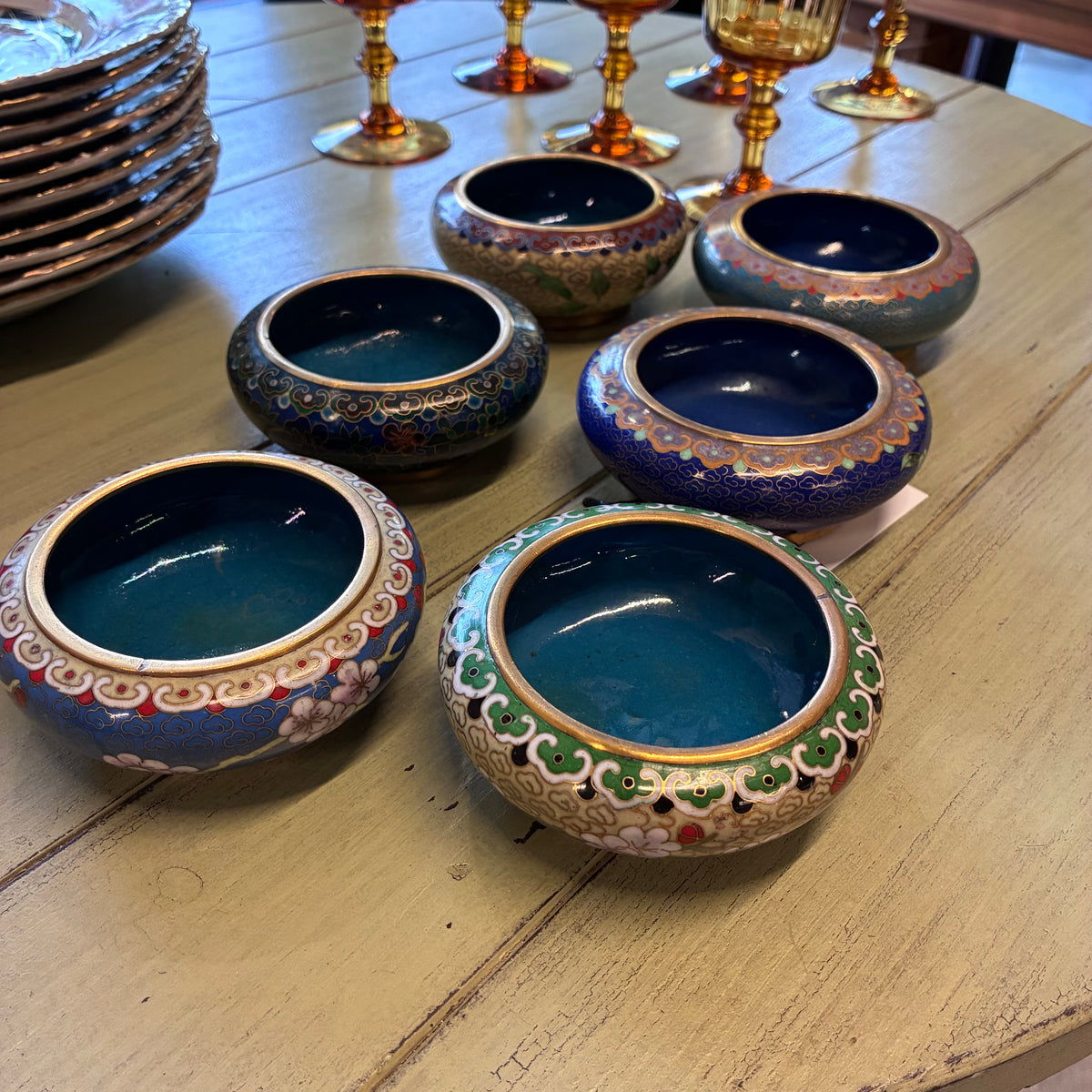 Dark Khaki Set of 6 Chinese Cloisonné Bowls Pete Hathaway