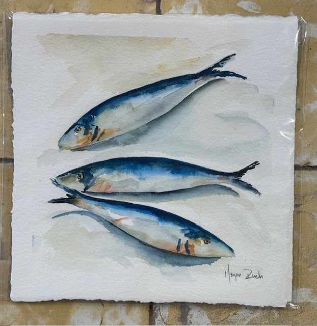 MEGAN RUCH UNFRAMED WATERCOLOR -  3 Blue Fish