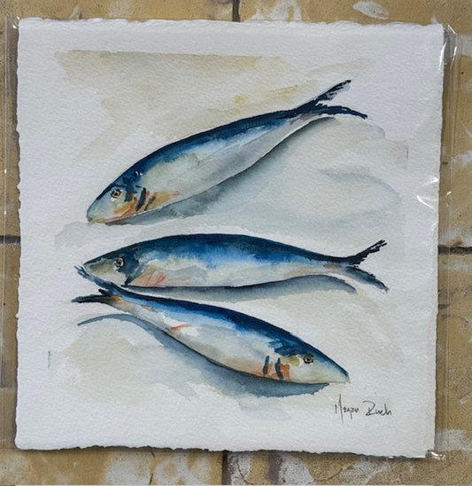 MEGAN RUCH UNFRAMED WATERCOLOR -  3 Blue Fish