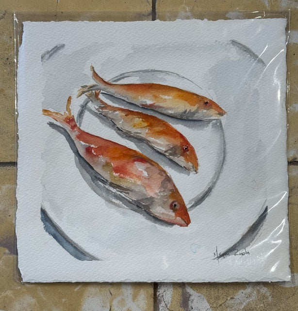 MEGAN RUCH UNFRAMED WATERCOLOR -  3 Red Fish
