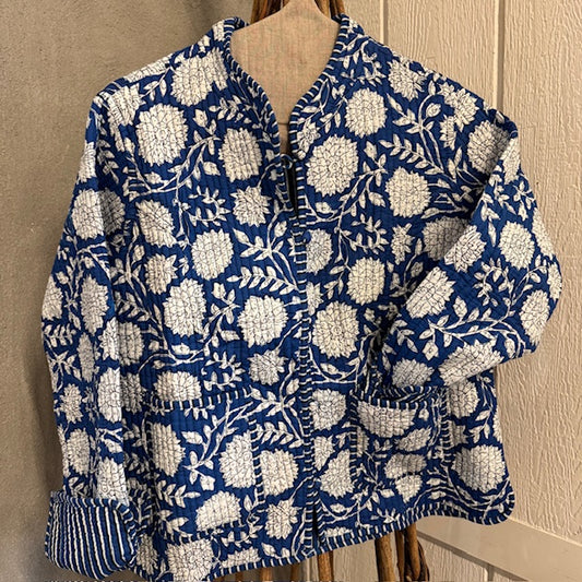 Handmade Block Print Quilted Reversible Jacket - Blue+ Stripes