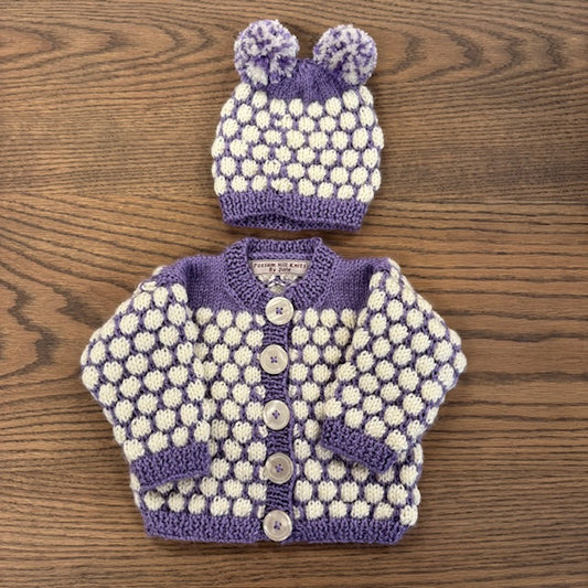 Baby Sweater & Hat Set - Purple & White