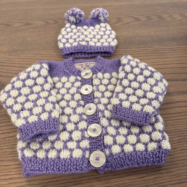 Baby Sweater & Hat Set - Purple & White