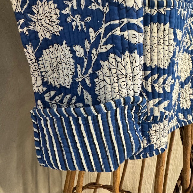 Handmade Block Print Quilted Reversible Jacket - Blue+ Stripes