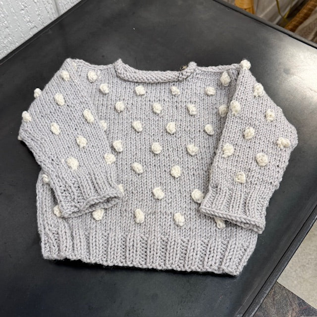 Hand Knit Baby Sweater - Grey with White Pom Poms