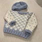Hand Knit Baby Sweater and Hat Set - Blue + White