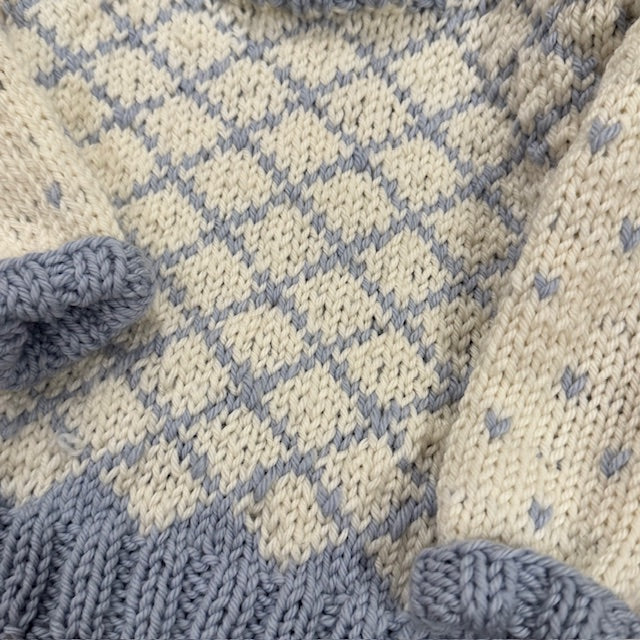 Hand Knit Baby Sweater and Hat Set - Blue + White