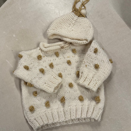 Hand Knit Baby Sweater and Hat Set - White with Pom Poms