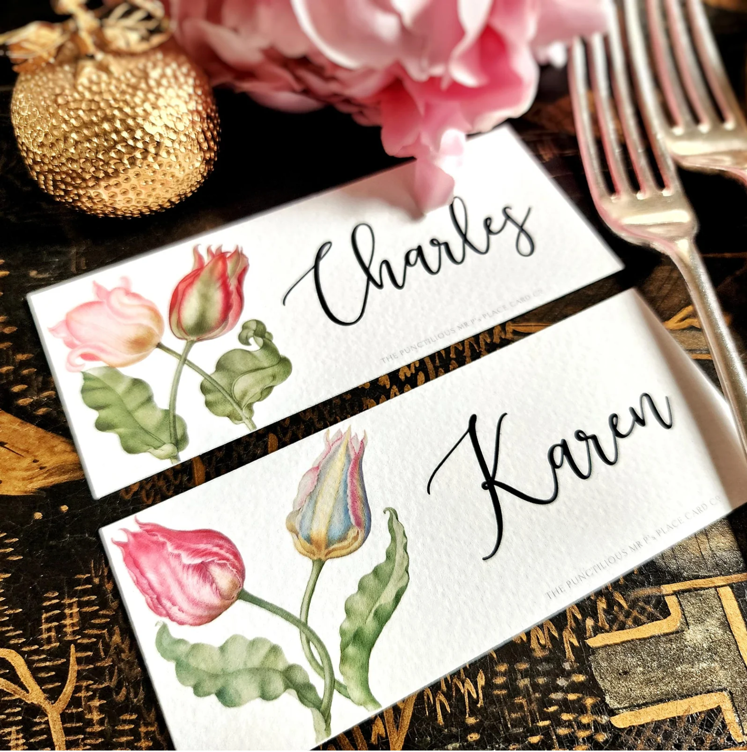 White Smoke "Parrot Tulips" Place Cards Mr. P's Place Card Co.