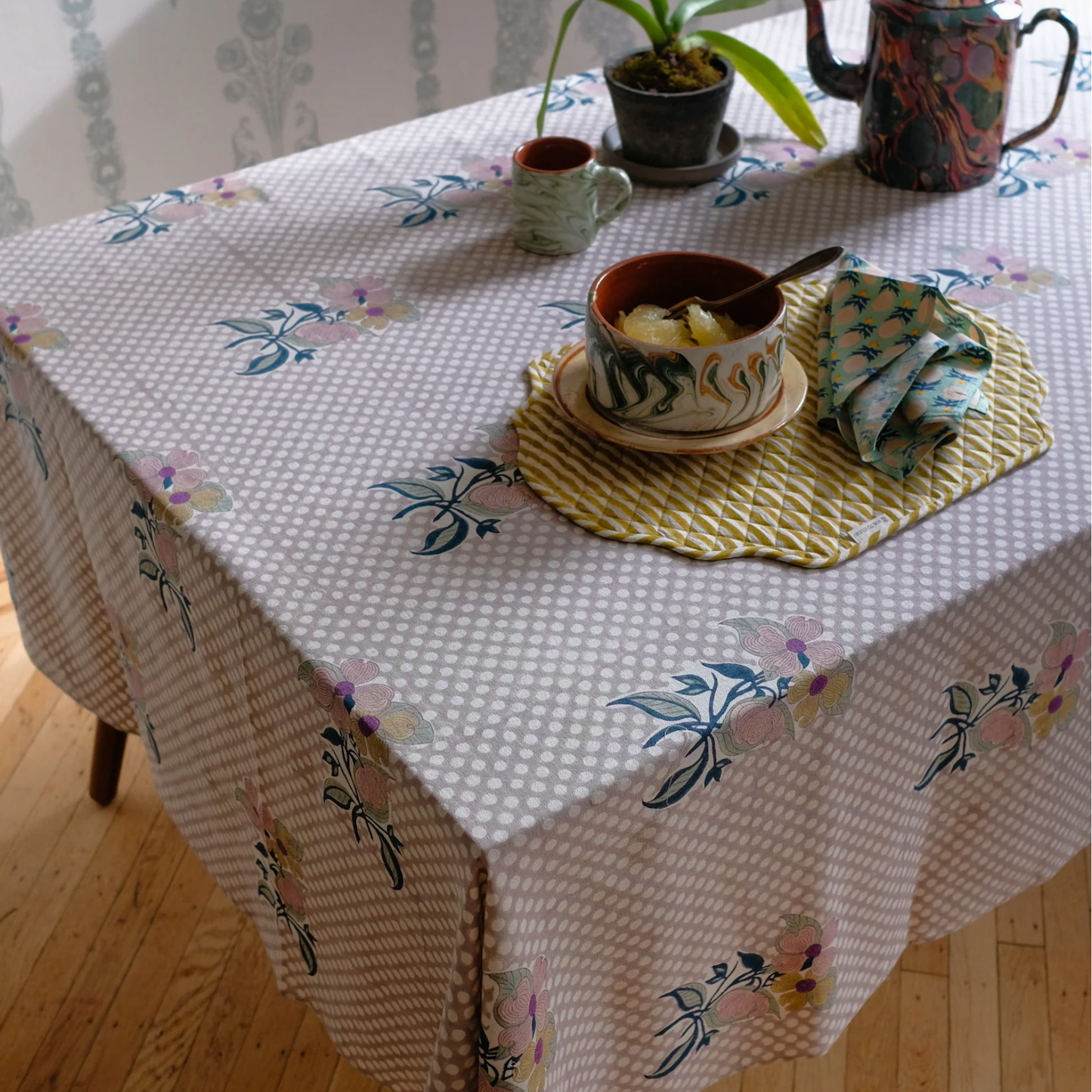 Soma Hand-Block Printed Cotton Tablecloth in Faded Mauve