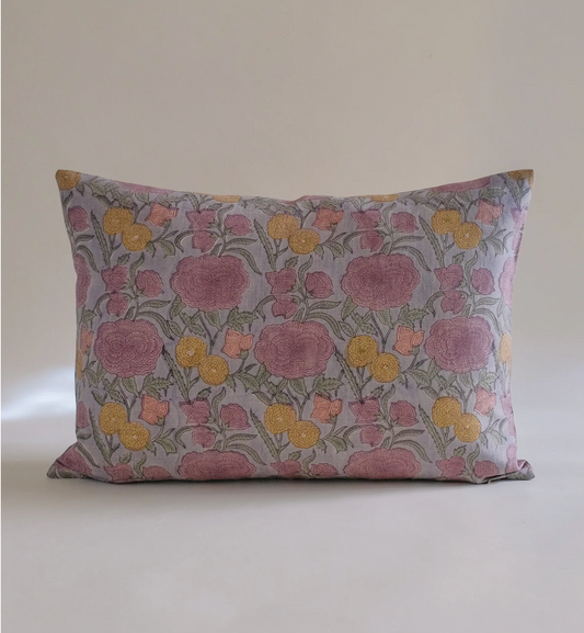 Dark Gray Nargis - Hand Block-printed Linen Pillowcase in Faded Hydrangea Blue Soil to Studio