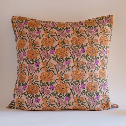 Light Gray Nargis Hand Block-printed Quilted Euro Sham in Old Rose Soil to Studio