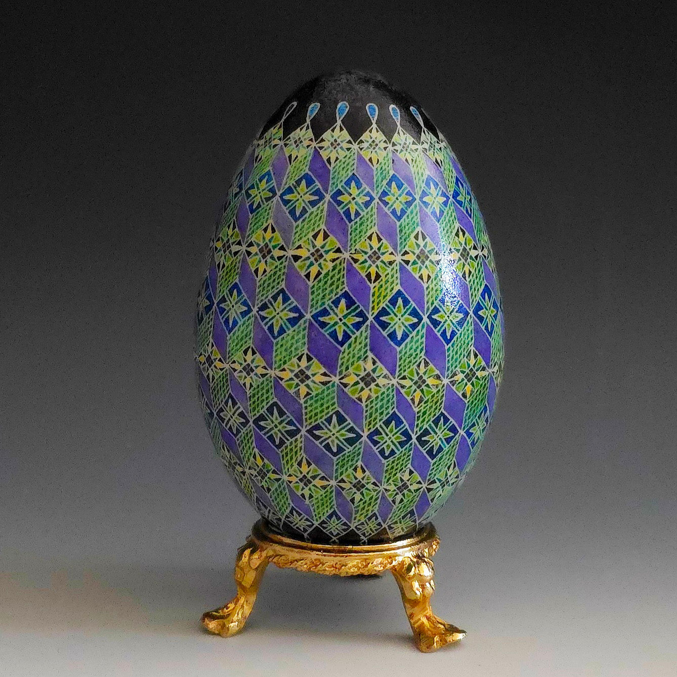 "Tumbling Block in Blue" Hand Painted Swan Egg