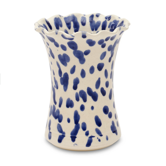 Wide Mouth Carafe Vase 8" Ivory/Blue
