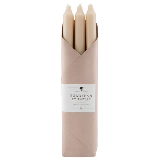 European 12" Taper Candles - 6pc Gift Pack in Custard