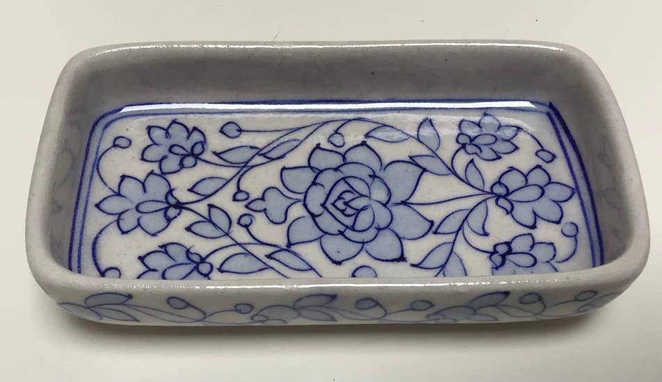 Pottery Soap Dish Floral Blue