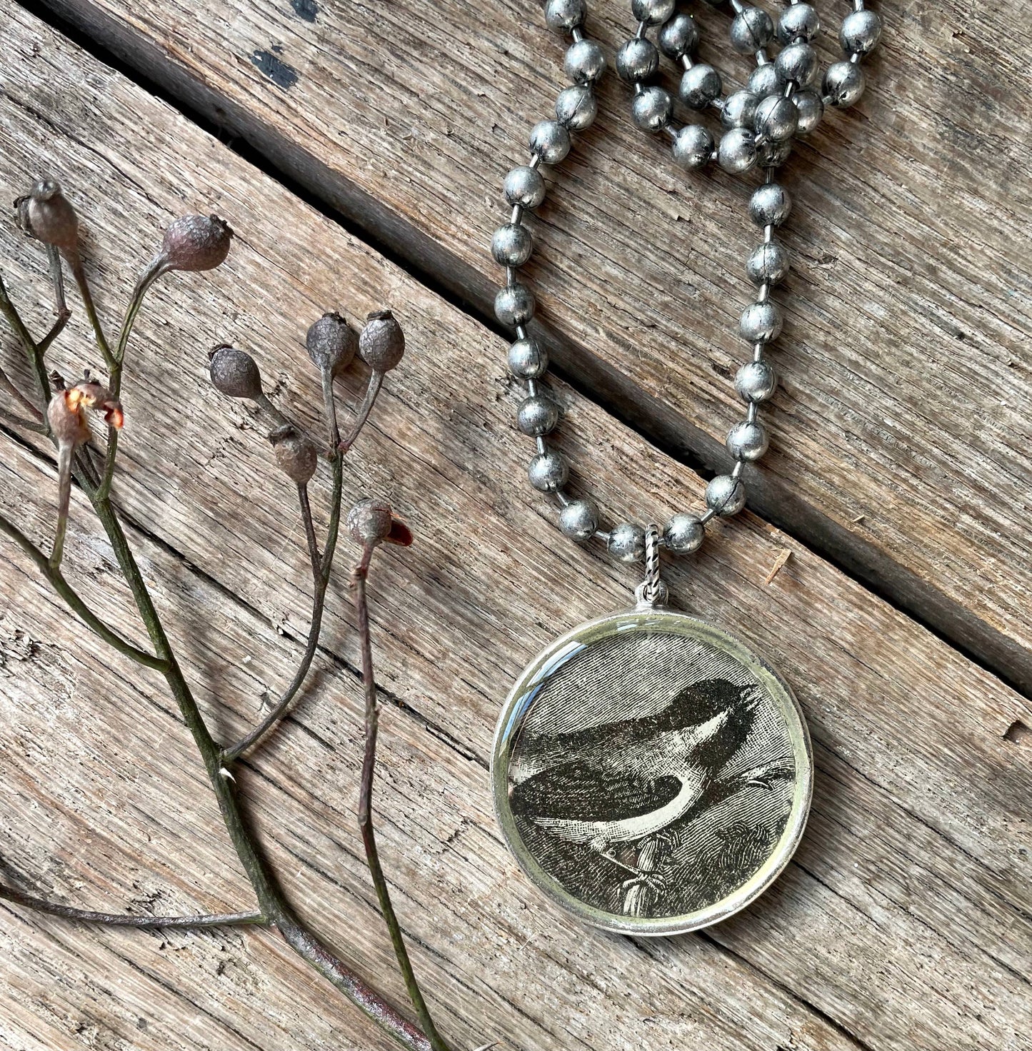 Medium Chunky Silver Necklace - botanical, bird, woodland