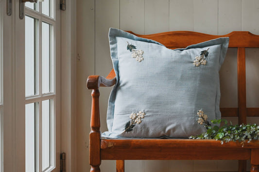 Embroidered Wool Flowers Pillow - Blue