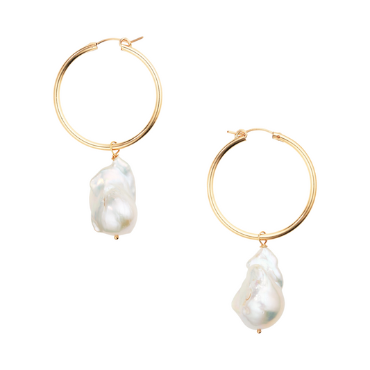 Antique White Baroque Pearls on Gold Hoops Adelaide Harris