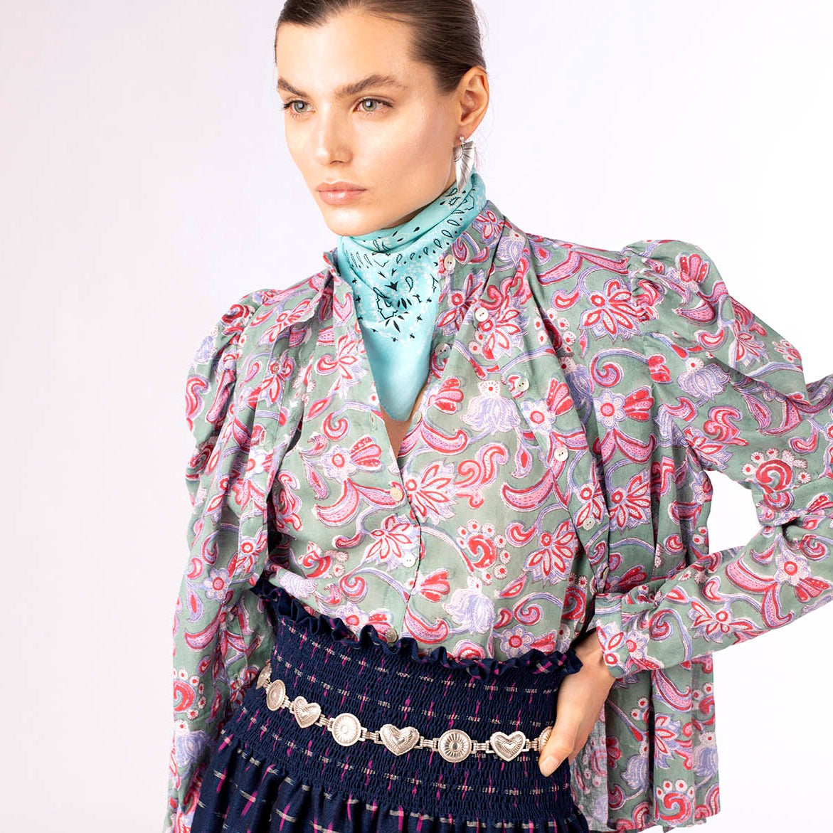 Misty Rose Annabel Shirt - Lapland Green, Blue, Pink & Red Alix of Bohemia