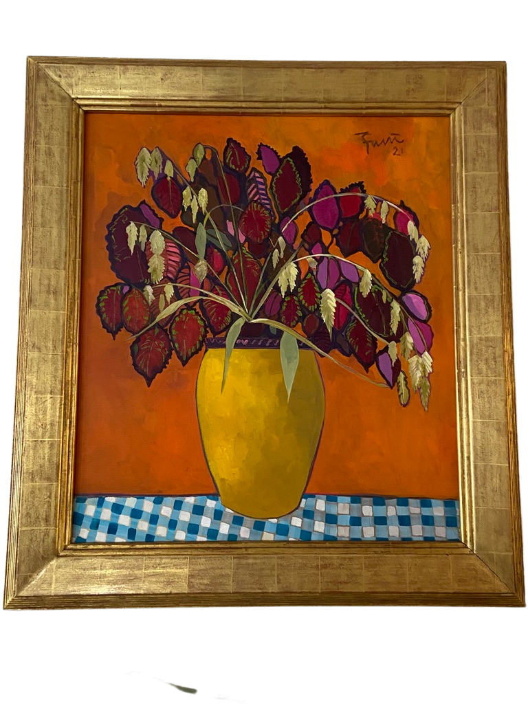"Coleus and Oat Grass in Yellow Vase"