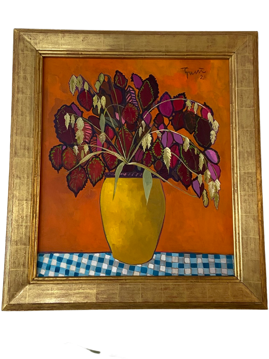 "Coleus and Oat Grass in Yellow Vase"