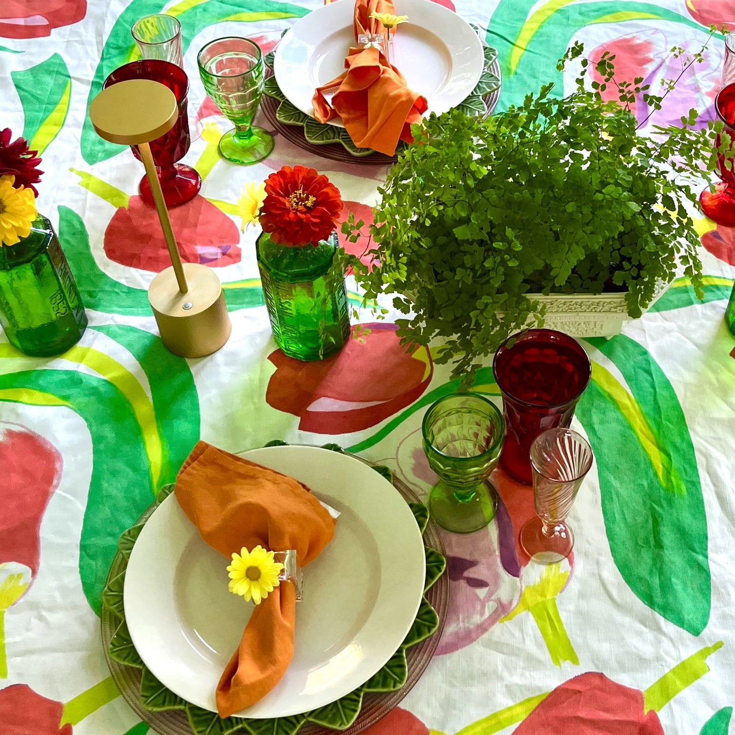 Forest Green Red Tulips Linen Tablecloth Sonya Textiles