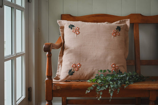 Embroidered Wool Flowers Pillow - Rose