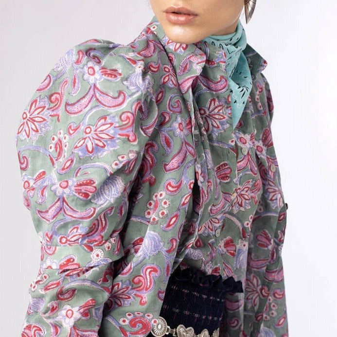 Light Gray Annabel Shirt - Lapland Green, Blue, Pink & Red Alix of Bohemia